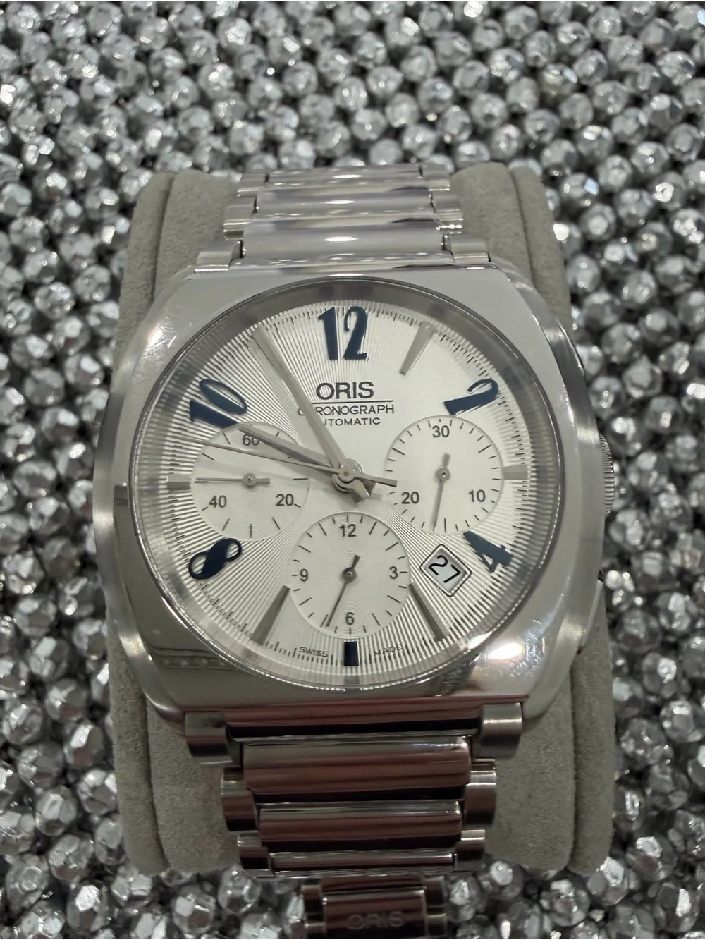 Oris Silver and Blue Automatic Chronograph Wristwatch